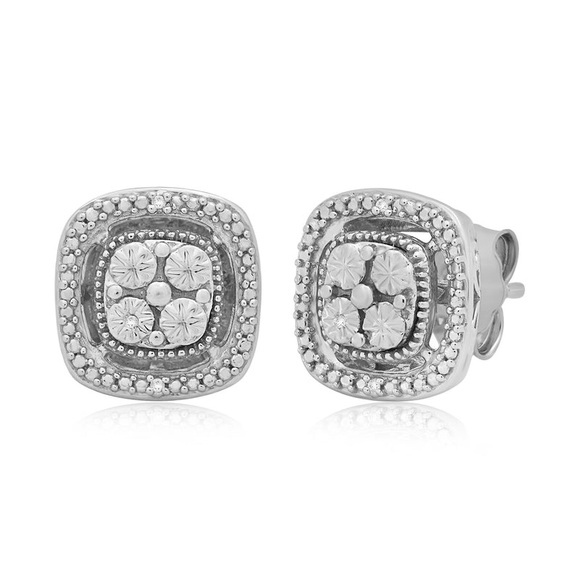 NIB $124.98 Value Sterling Silver With White Diamonds Square Shape Stud Earrings - Picture 3 of 9